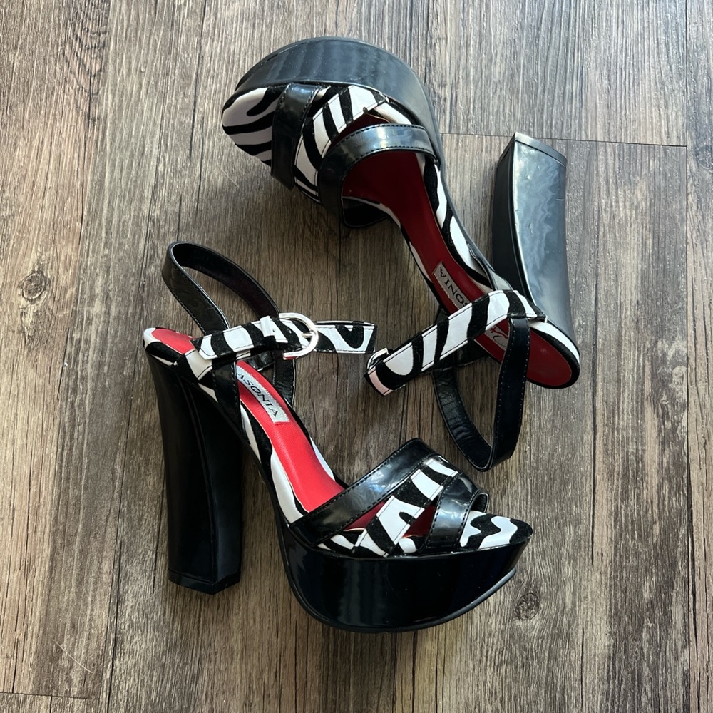 Vintage Black and White Zebra Print Platform Heels
